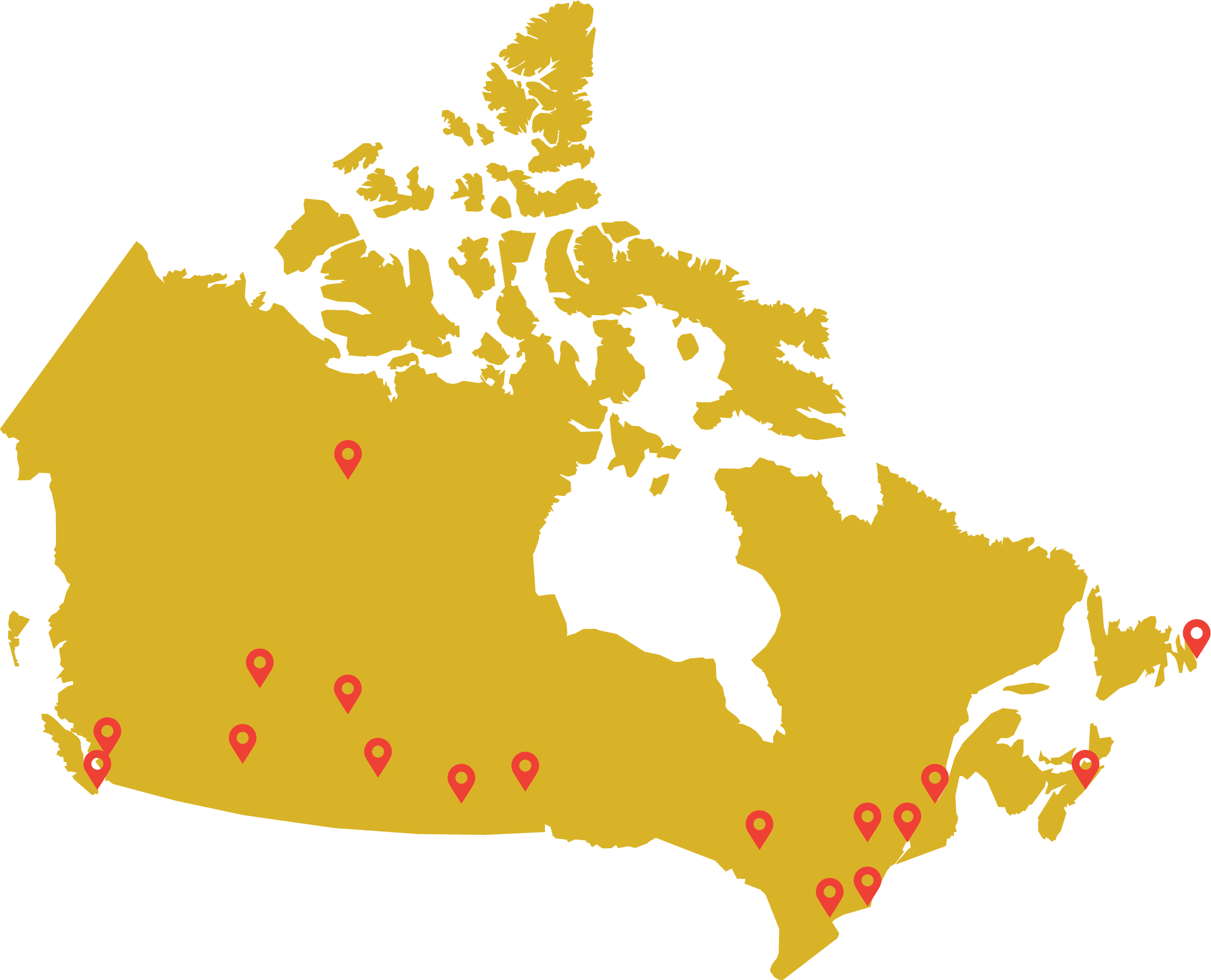 Map of Canada with pins to represent the locations where OPO held its outreach activities in 2022-23.